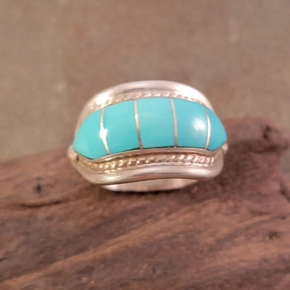 Albert Francisco Sterling Navajo Blue Turquoise Cable Bezel Set Channel Ring - Picture 4 of 9